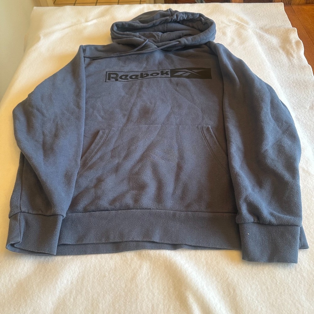 Reebok Hoodie Sweatshirt Mens Size M Gray Fleece Graphic Logo Pullover Athletic